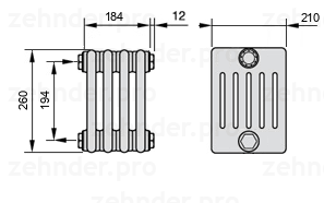Схема (чертеж) Радиатор Zehnder Charleston 6026/4 №1270 Белый глянцевый RAL 9016